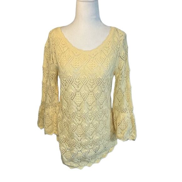 Jeanne Pierre Crochet Sweater Butter Yellow Knit Bell Sleeve Round Neck S - Picture 1 of 7